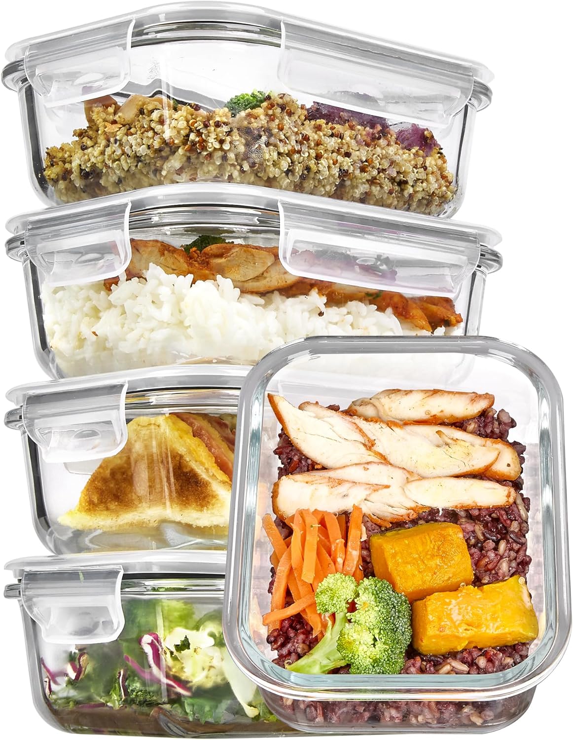 Vtopmart 5Pack 22oz Glass Storage Containers with Lids, Glass Meal Prep Food Container Sets with Snap Airtight Lids for Microwave, Oven, Freezer and Dishwasher