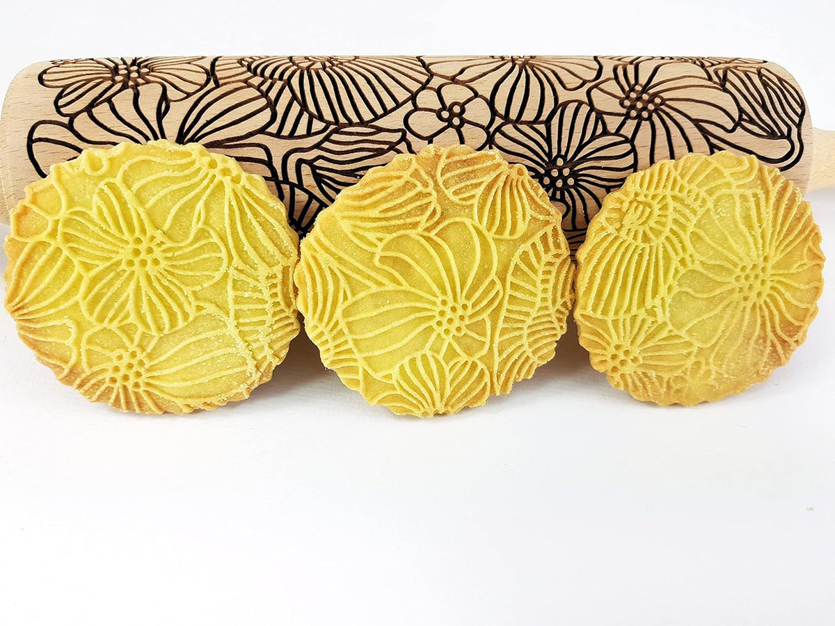 Embossing Rolling Pin POPPY. Dogh Roller with Wildflower Corn Poppies Pattern for Embossed Cookies and Pottery by Algis Crafts
