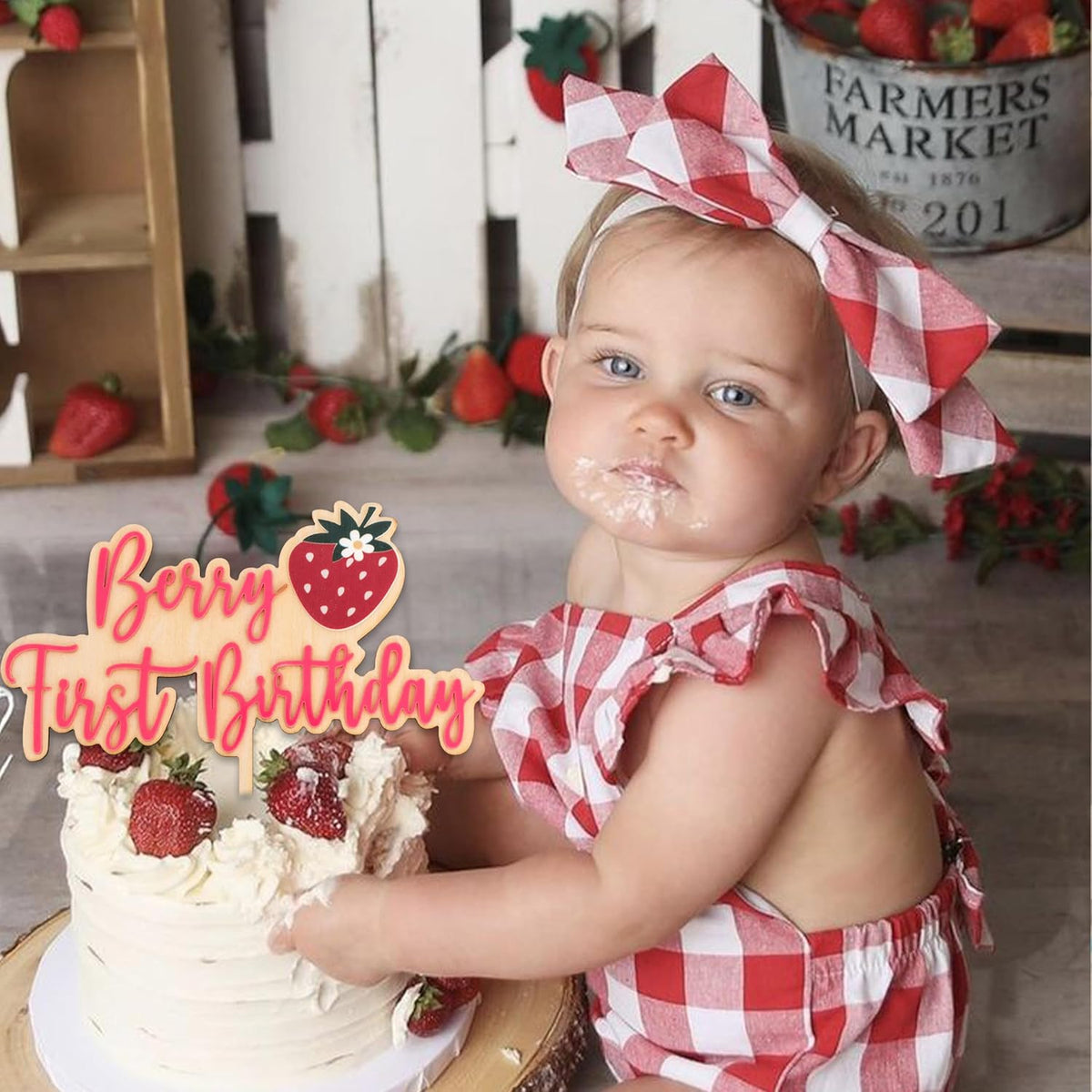 Berry First Birthday Cake Topper - Strawberry Cake Topper, Sweet One Birthday Cake Decoration for 1st Birthday Party, Anniversary, Baby Shower, Photo Booth Props, Cake Smash…