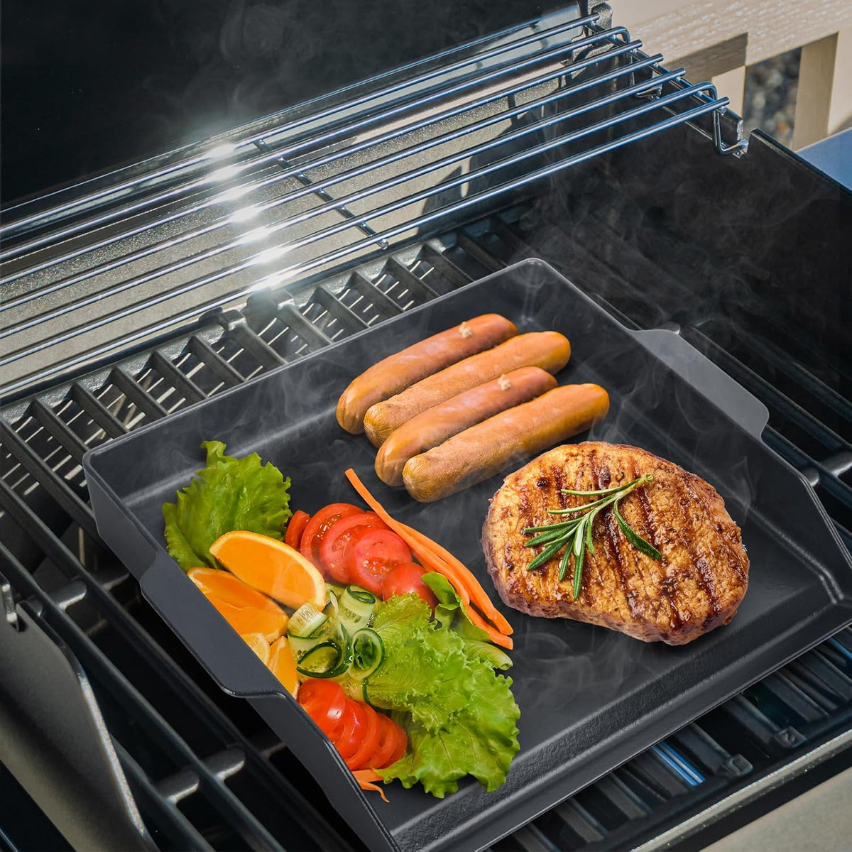 Universal Cast Iron Cooking Griddle Insert,Pre-Seasoned Nonstick Coating Griddle Pan for Gas Grill,BBQ Flat Top Grill Plate with High Sidewalls for All Grills and 4 Burner Range Oven,18.5"x14"