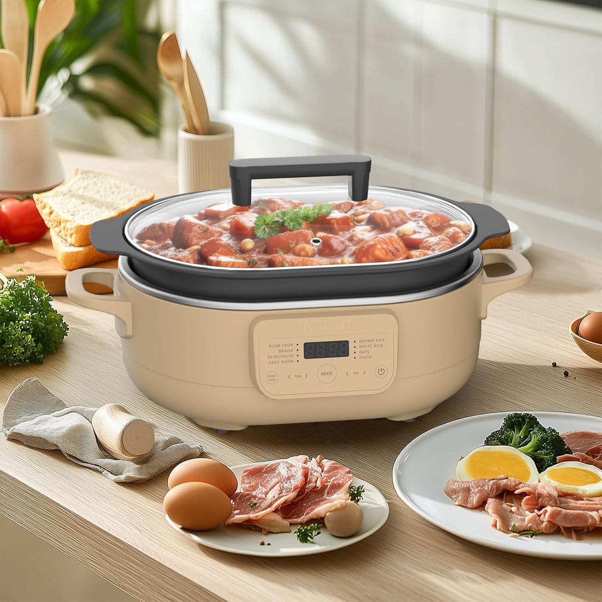 MAGNIFIQUE 6 Quart Multi-Cooker, with 8-in-1 Casserole Programmable Slow Cooker, Dutch Oven, Pasta, Nonstick, Oven Safe Pot to 500°F Brown Sugar