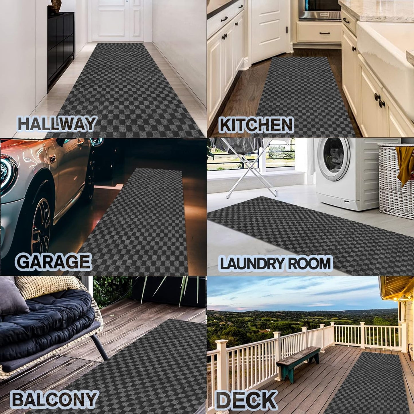 Custom Size Backed Non-Slip Area Rugs Runner, Easy Clean, Waterproof Runner Rugs for Hallway Entryway, Kitchen, Laundry, 2FT x 17FT, Gray Checkered