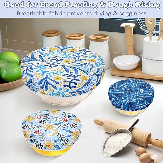 5-Size Reusable Beeswax Bowl Covers for Bread Proofing, Cotton Cloth Flexible Beeswax Wraps for Food Storage(Blue Floral)