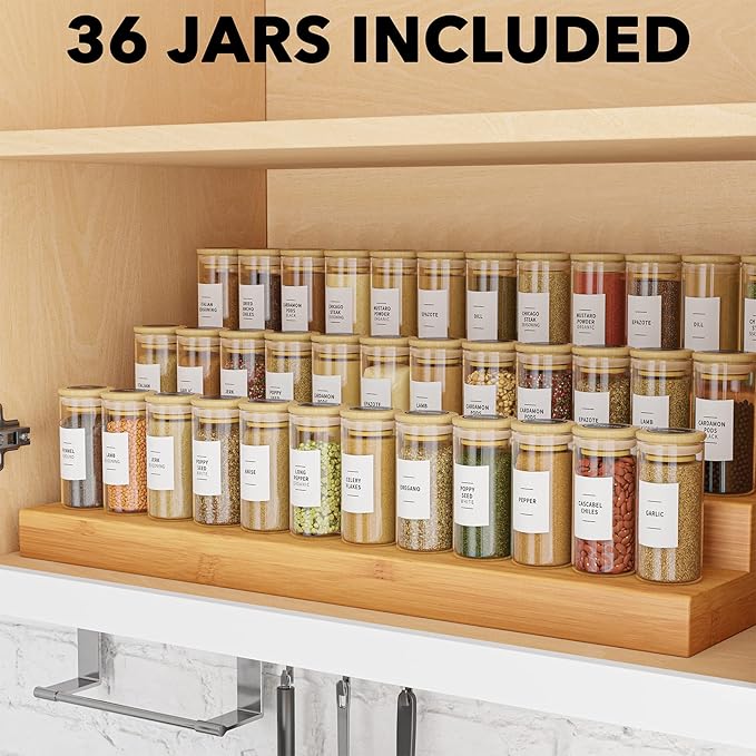 SpaceAid 36 Pcs Spice Jars with Bamboo Lids and Labels, Empty 4oz Glass Spice Bottles, Minimalist Farmhouse Spice Labels Stickers with Funnel, Seasoning Containers for Spice Rack, Cabinet and Drawer