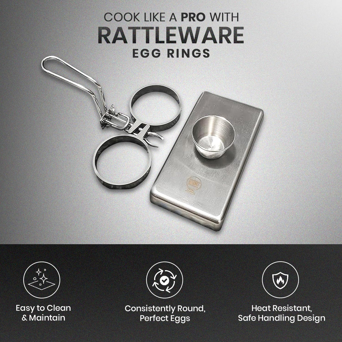 Rattleware Stainless Steel Egg Rings - Commercial-Grade, Even Cooking, Heat-Resistant Handle, Ideal for Frying Eggs - Durable & Trusted by Professional Chefs Worldwide (2 Ring Set)