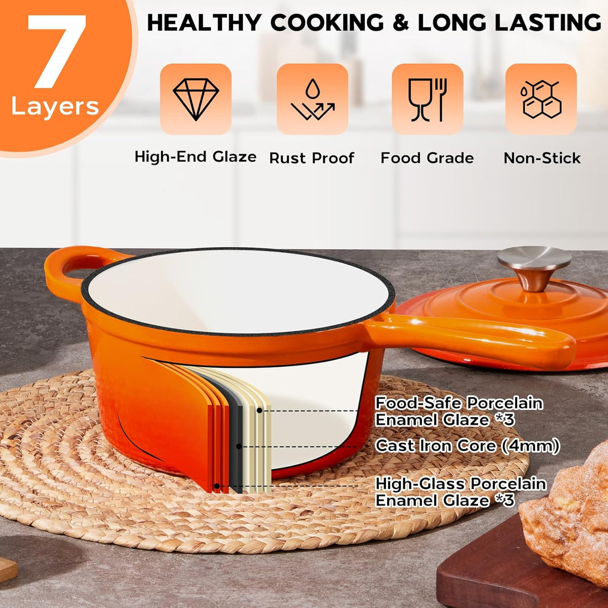 Enameled Cast Iron Sauce Pan Pot, Onader 1QT Saucepan with Lid, Small Enamel Dutch Oven Kitchen Cooking Pot – Sunset Orange