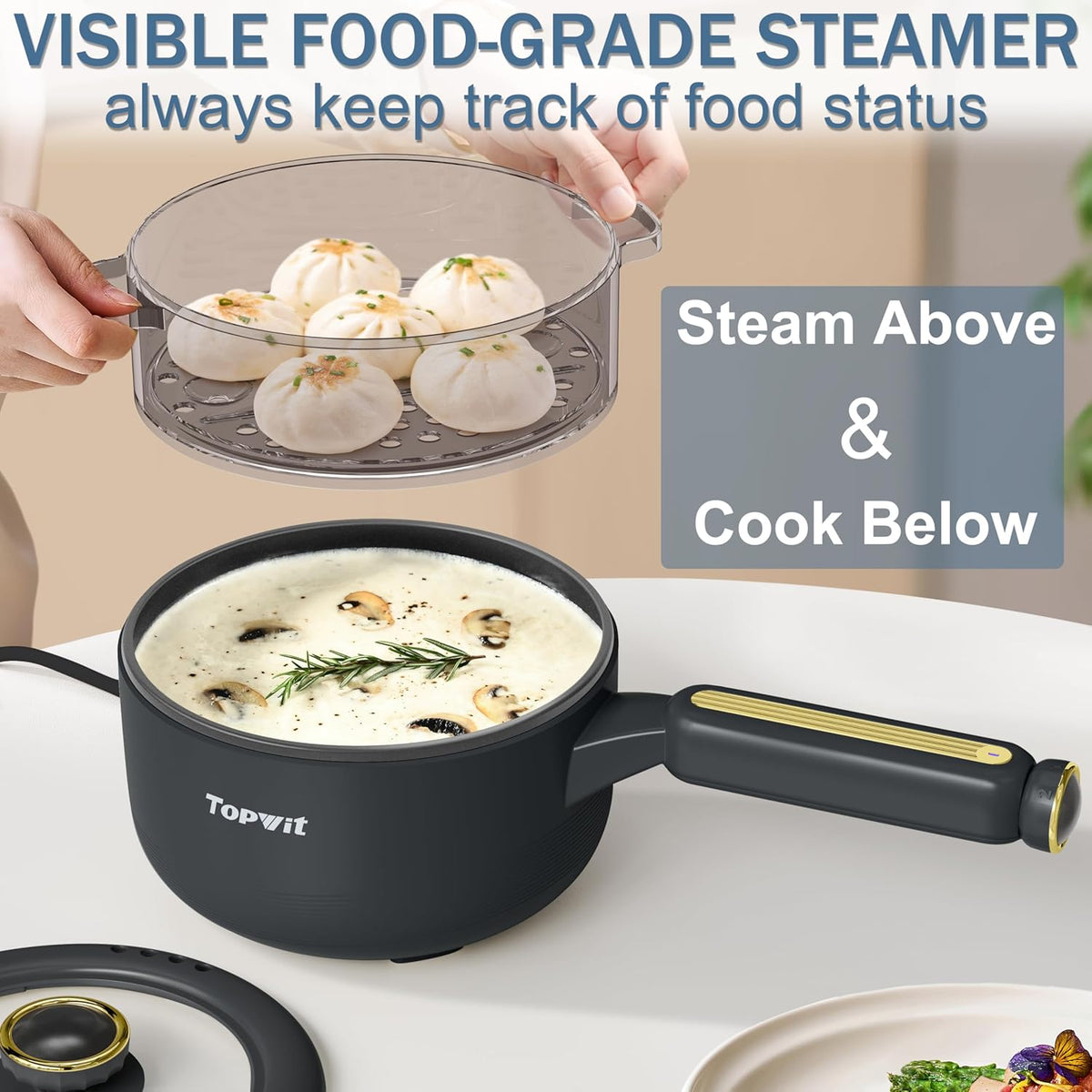 TOPWIT Hot Pot Electric with Steamer, 2L Multifunctional Electric Pot, Non-Stick Sauté Pan, Portable Pot for Steak, Fried Rice, Ramen, Soup with Dual Power Control (Silicone Spatula Included), Grey