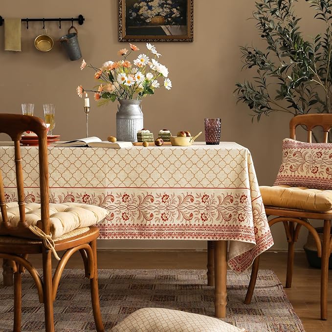 ISAENNE Designer Linen Floral Tablecloth Rectangle,Pale Yellow Elegant Farmhouse Indoor Table Cloth,Durable Decor Tablecloths for Dining Kitchen Thanksgiving Christmas,55"*87"-Chamonix A