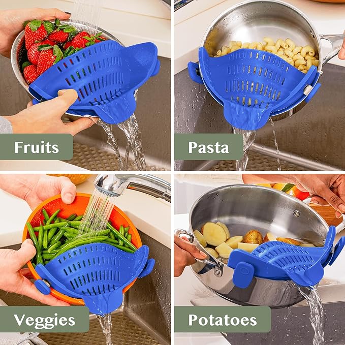 Kitchen Gizmo Snap N' Strain - Silicone Clip-On Strainer for Pots, Pans, and Bowls - Heat-Resistant Kitchen Gadgets, Essential Colander Drainer for Vegetables and Pasta - 7.87x2.76x4.53-Inch (Blue)