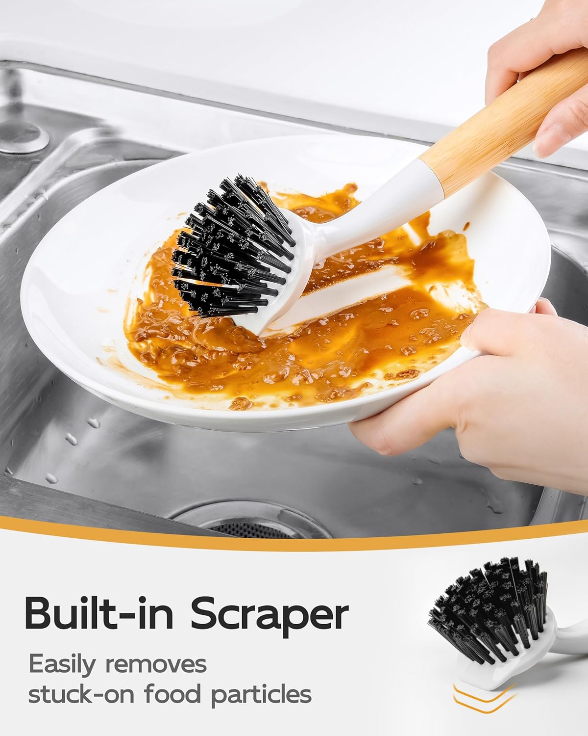 MR.SIGA Dish Brush with Handle, Dish Scrub Brush with Built-in Scraper, Bamboo Dish Brush for Pots and Pans, Kitchen Sink, 2 Pack