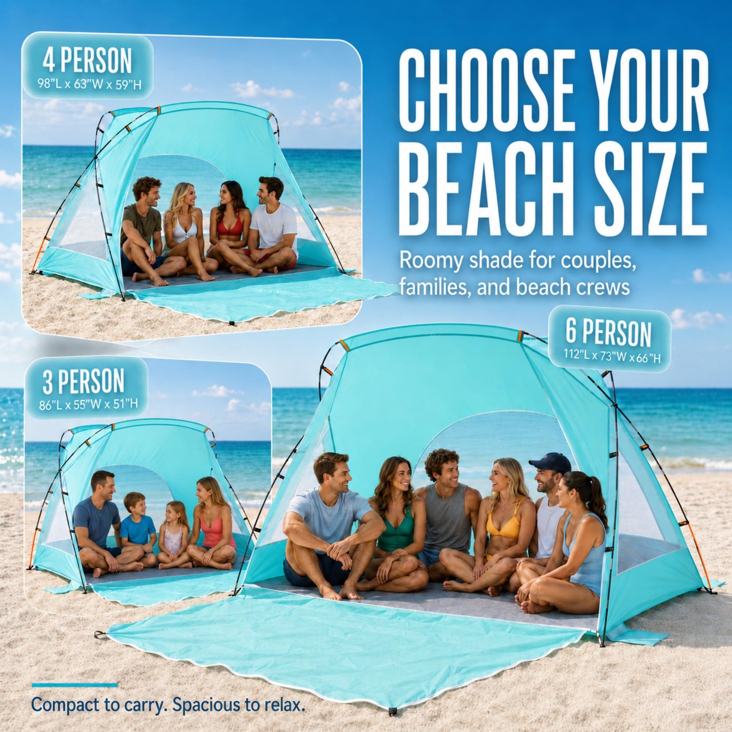 Beach Tent, Portable Sun Shelter for 2/3/4/6-8 Person with UPF 50+ UV Protection, Easy Setup Waterproof Beach Shade Canopy Cabana for Family Outdoor and Picnics, Fishing with Carrying Bag