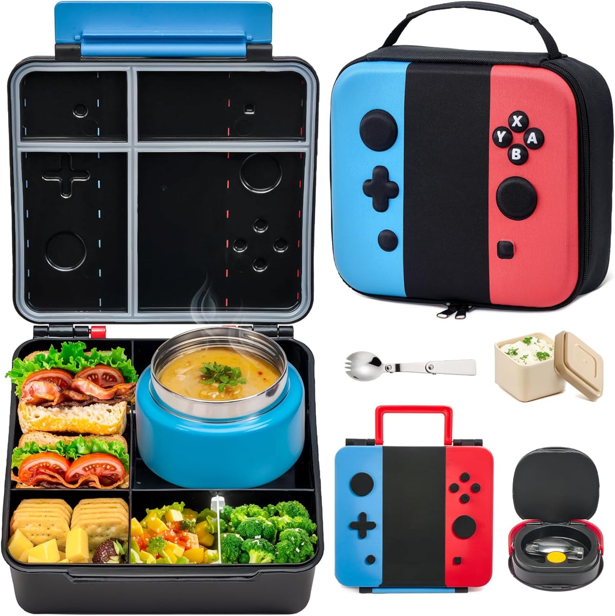Game Lunch Box for Kids with Thermo, 9 OZ Stainless Food Jar & Insulated Lunch Bag, BPA-Free Kids Lunch Bento Box with Sauce Cup, Leakproof Lunch Box Set for Boys & Girs, School, Travel