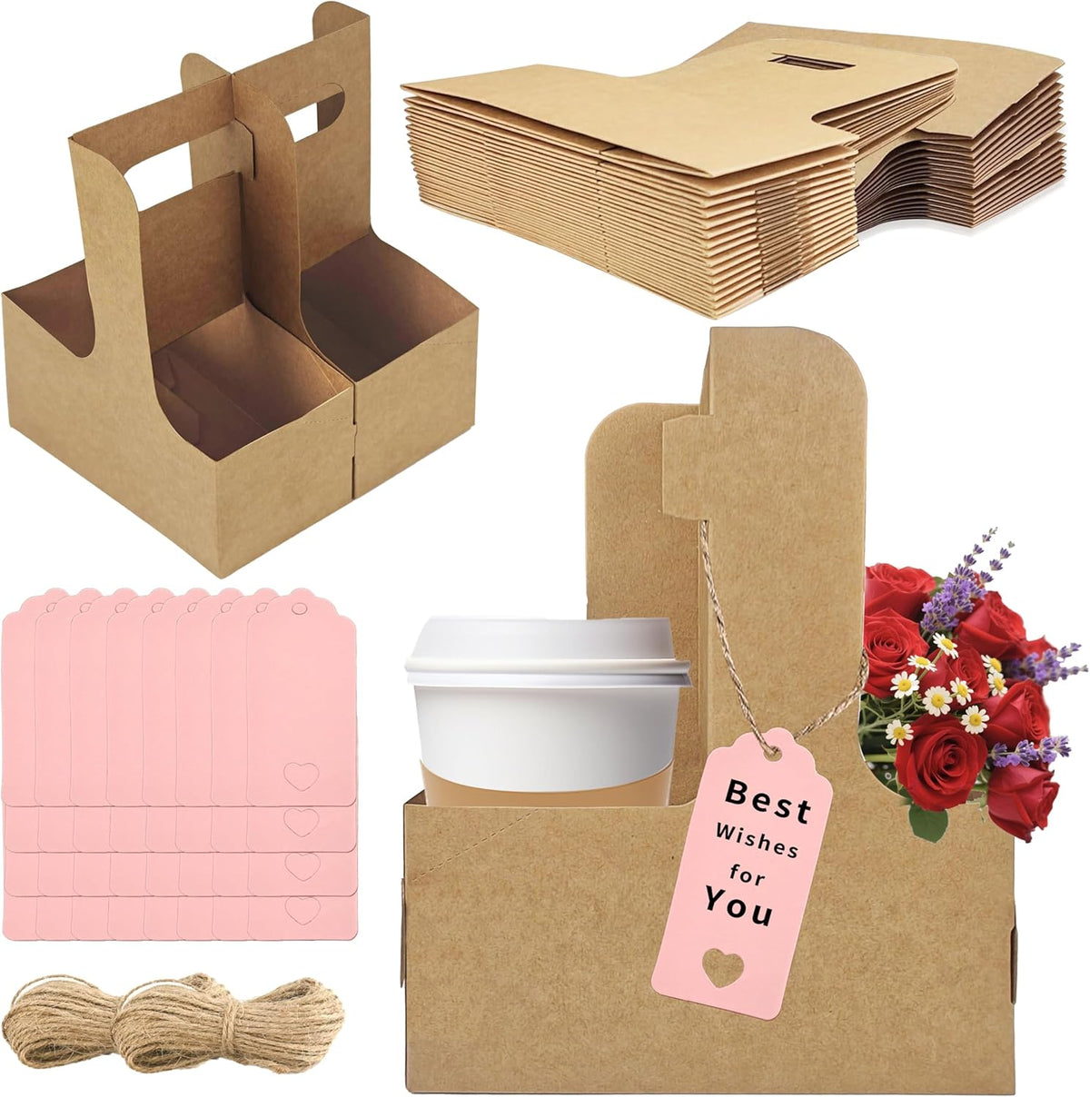 2 Cup Drink Carrier,32 Pack Coffee Cup Holders with Handle,Cardboard Cup Holders for Hot or Cold Drinks,Coffee Carrier with Ribbon and Card,Food Delivery Services and Bouquet(Kraft)