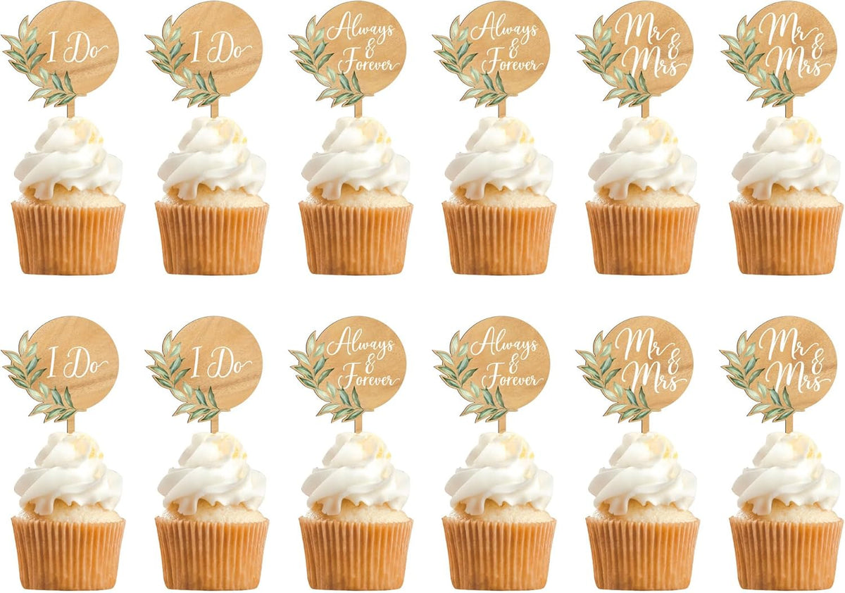 12 PCS Greeny Wedding Cupcake Toppers in Wood Mr & Mrs Engagement Cupcake Decorations