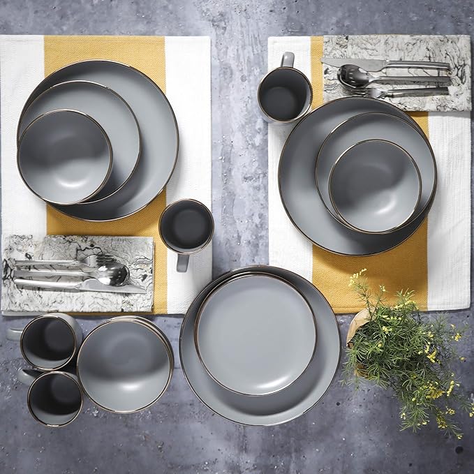 Gibson Home Rockaway 16-Piece Round Stoneware Dinnerware Set, Service for 4 – Grey with Gold Rim Plates and Bowls, Microwave & Dishwasher Safe