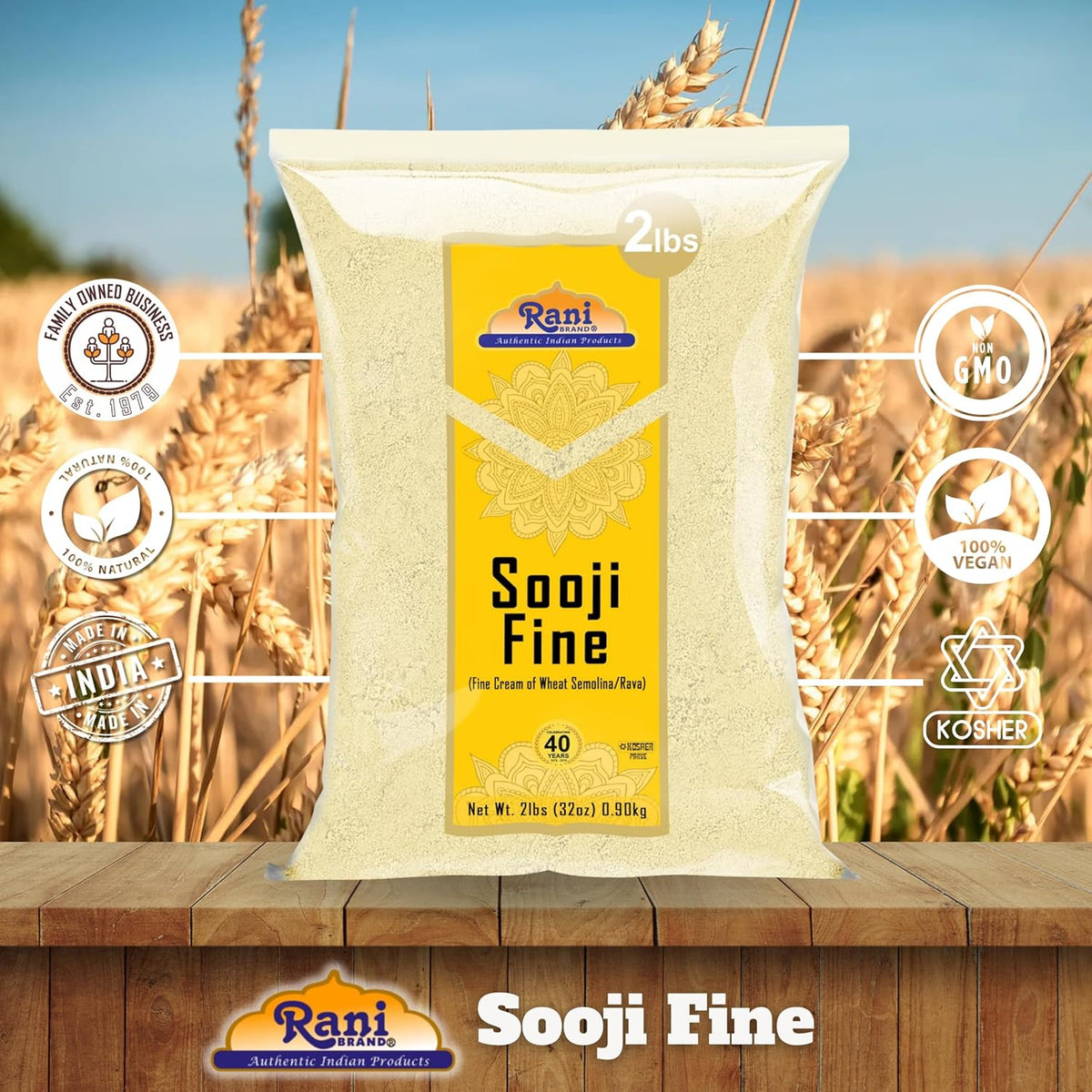 Rani Sooji Fine (Farina, Suji, Rava, Wheat) Flour 32oz (2lbs) 908g ~ All Natural | Vegan | NON-GMO | Kosher | Indian Origin