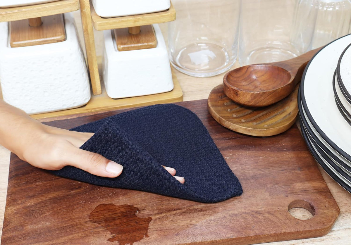 PurpleEssences Dish Cloths and Dish Rags - 8 Pack Waffle Weave Solid Kitchen Dish Wash Cloths, 100% Cotton, 12 x 12 Inches, Ultra Soft Absorbent Quick Drying - Navy Blue