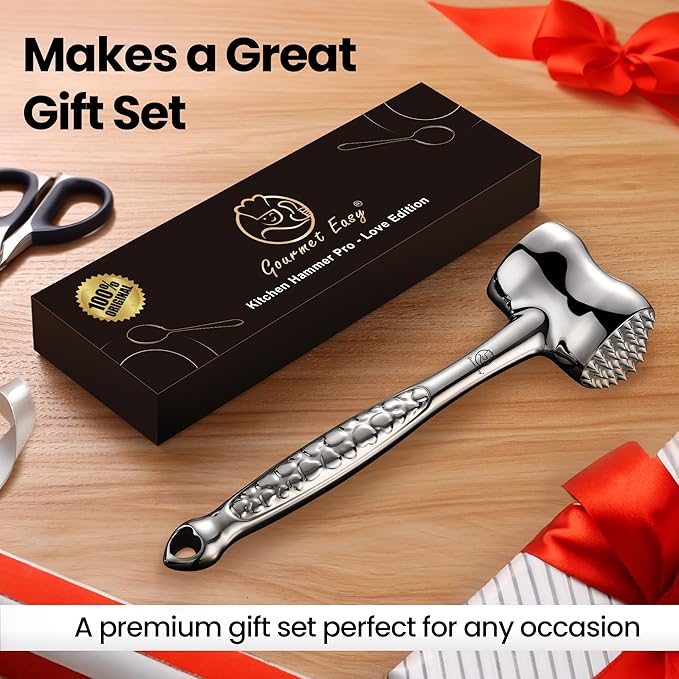 Stainless Steel Meat Tenderizer Tool, Premium Meat Mallet with Non-Slip Grip, Dual-Sided with Heart Shape Design for Tenderizing Steak, Poultry & Chicken Cutlet, Dishwasher Safe, Lifetime Replacement