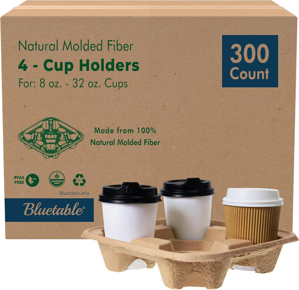 Bluetable 4 Cup 8 oz. - 32 oz. (300 Pack) For Disposable Cups, Delivery Carrier- To Go - Coffee Drinks or Iced Drink Holder Molded Fiber [300 Case Pack]