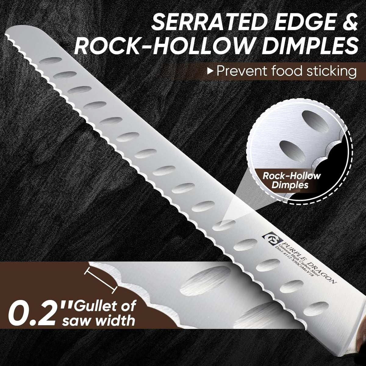 Purple Dragon Bread Knife for Homemade Bread, Serrated Knife, German High Carbon Steel Slicing for Sourdough, Cake and Fruits, Gift Box, Anniversary Idea Gift - Rounded