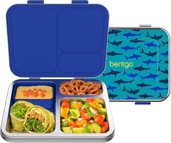 Bentgo Kids Stainless Steel Prints Leak-Resistant Lunch Box - 3-Compartments with Bonus Silicone Container, Durable, Eco-Friendly, Dishwasher Safe, BPA-Free, Ideal for School, Ages 3+ (Shark)