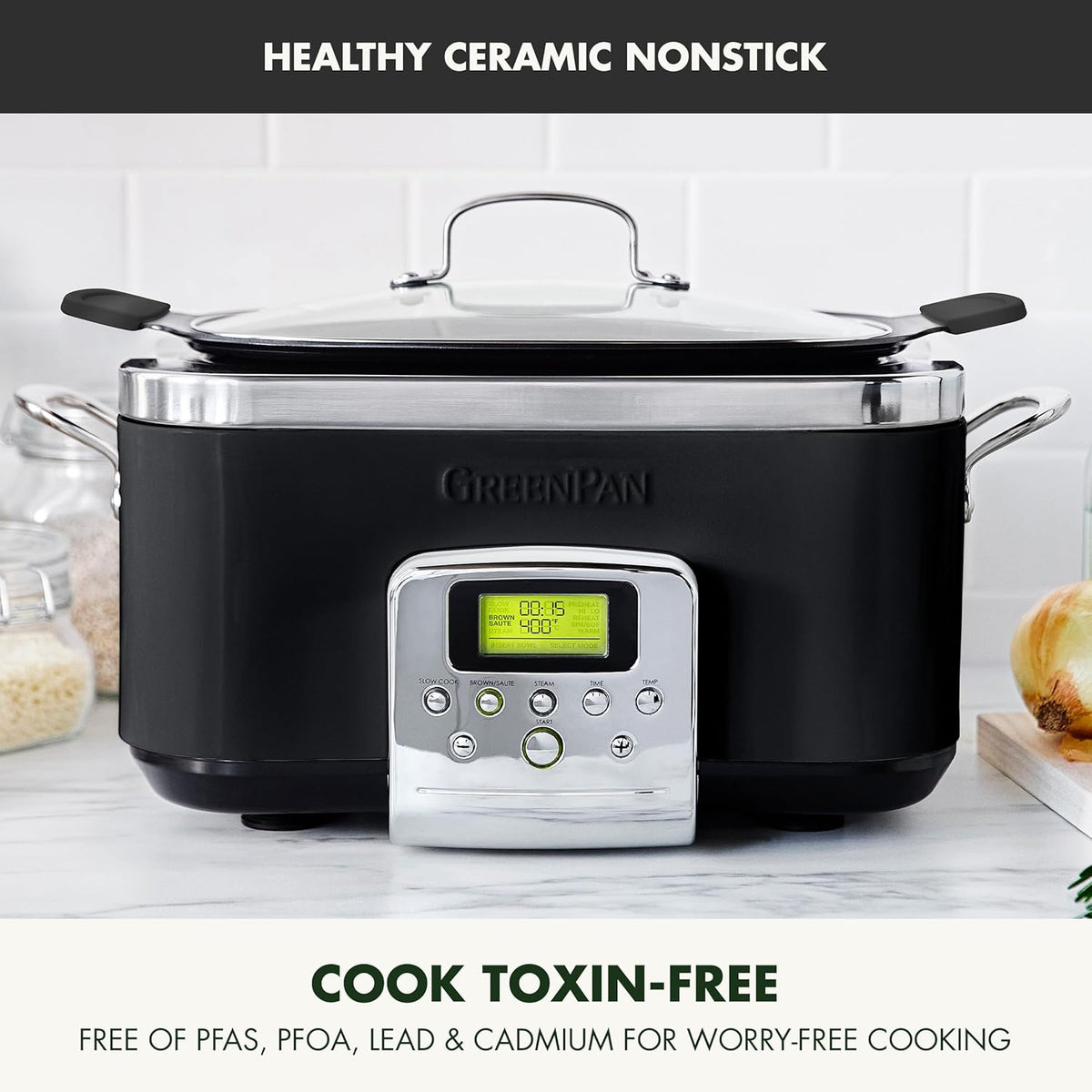 GreenPan Elite 14-in-1 Programmable 6QT Electric Slow Cooker, Dishwasher Safe Lid & Removable Crock, PFAS-Free Healthy Ceramic Nonstick Multi-Cooker, Sear, Sauté, Brown, Steam Basket, Roast, Black