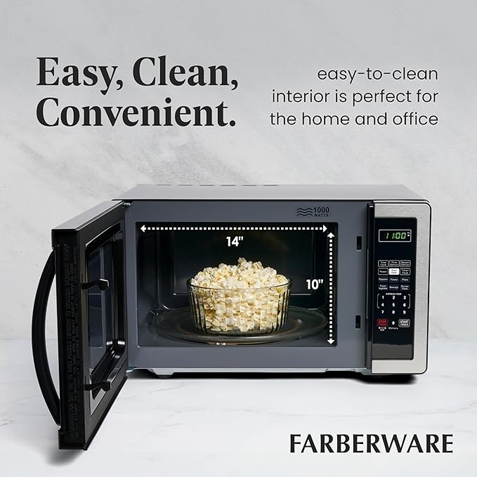 Farberware 1.1 Cu. Ft. Countertop Microwave Oven – 1000 Watts Power, Auto Cook Settings, Defrost, Easy Clean and Child Safety Lock - Stainless