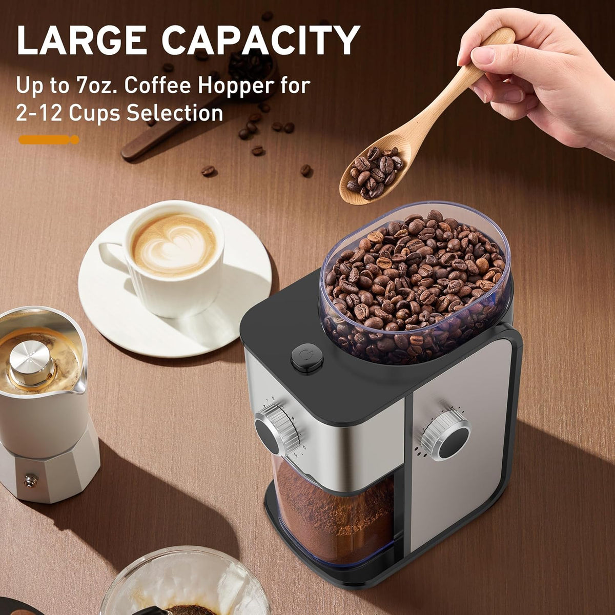 Coffee Grinder Electric Burr Coffee Bean Grinder for 2-12 Cups, Adjustable Burr Mill for 14 Grinding Settings, Stainless Steel
