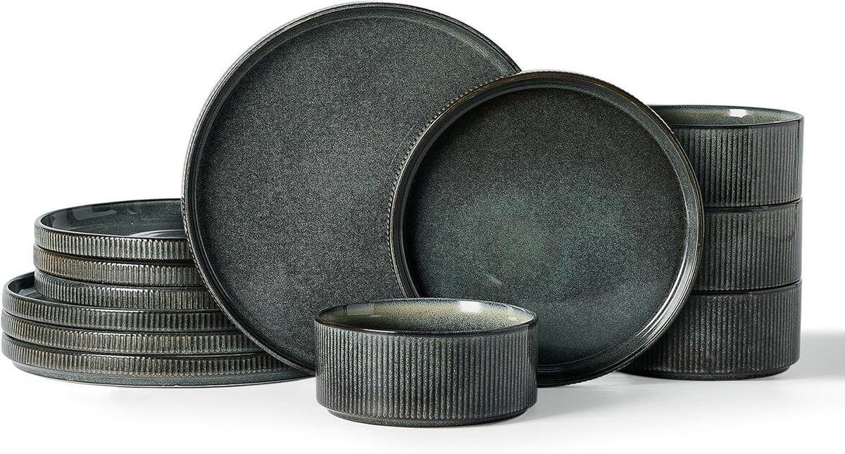 Famiware Star Dinnerware Set, Plates and Bowls Sets for 4 (12pcs), Ribbed Stoneware Dishes - Chip & Scratch Resistant, Microwave & Dishwasher Safe, Deep Forest