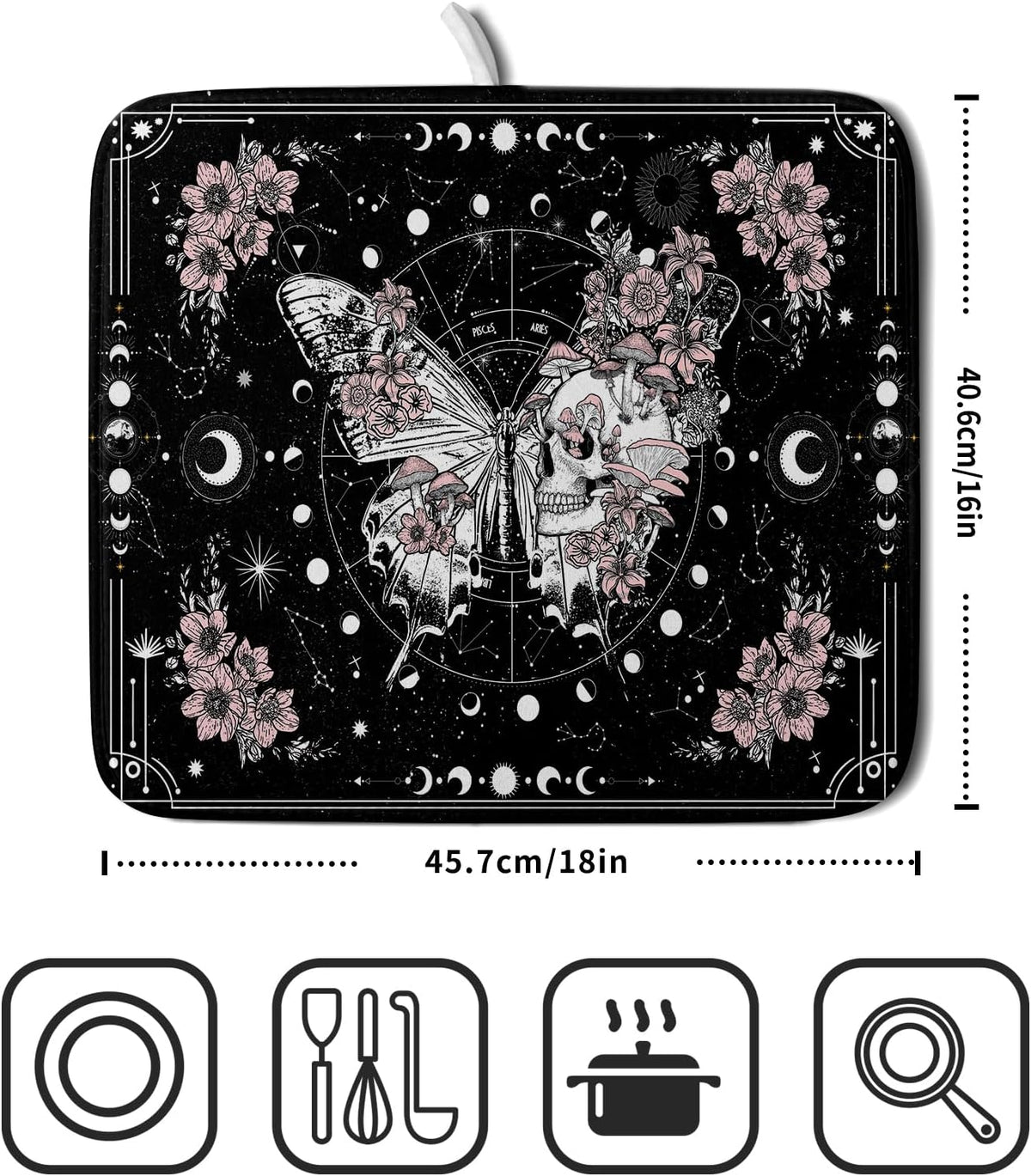 Skeleton Butterfly Dish Drying Mat Black Skull Absorbent Dish Drainer for Kitchen Counter Holiday Decor