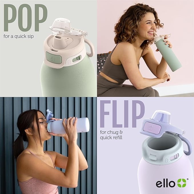 Ello Pop & Fill 40oz Stainless Steel Water Bottle with Quick Fill Technology, Double Walled and Vacuum Insulated Metal, Leak Proof Locking Lid, Sip and Chug, Reusable, BPA Free, Sunset Meadow