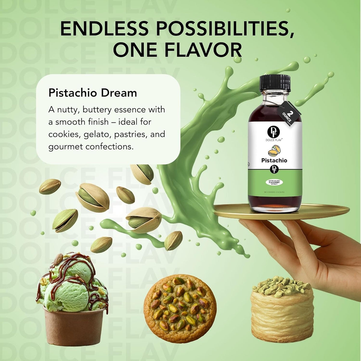 Dolce Flav Pistachio Extract – 2 Ounce Water-Soluble Kosher, Sugar-Free, Concentrated Nutty Pistachio Flavor for Baking, Ice Cream & Pastries, Includes Measured Dropper