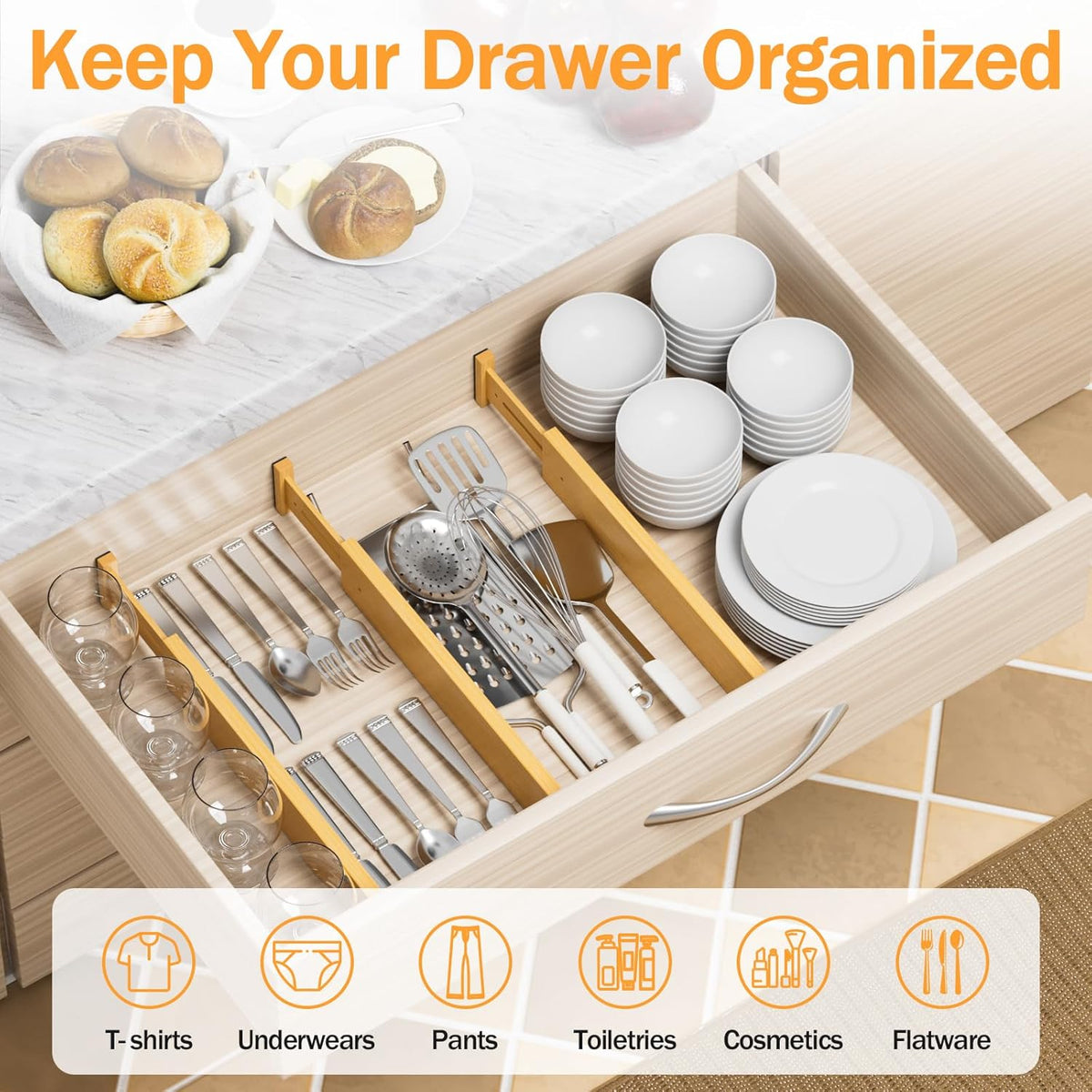 BAMBUROBA Bamboo Drawer Dividers, Adjustable Kitchen Drawer Organizer for Clothes,17-22" Expandable Drawer Organization Separators for Bedroom,Bathroom,Dresser and Office,6-Pack