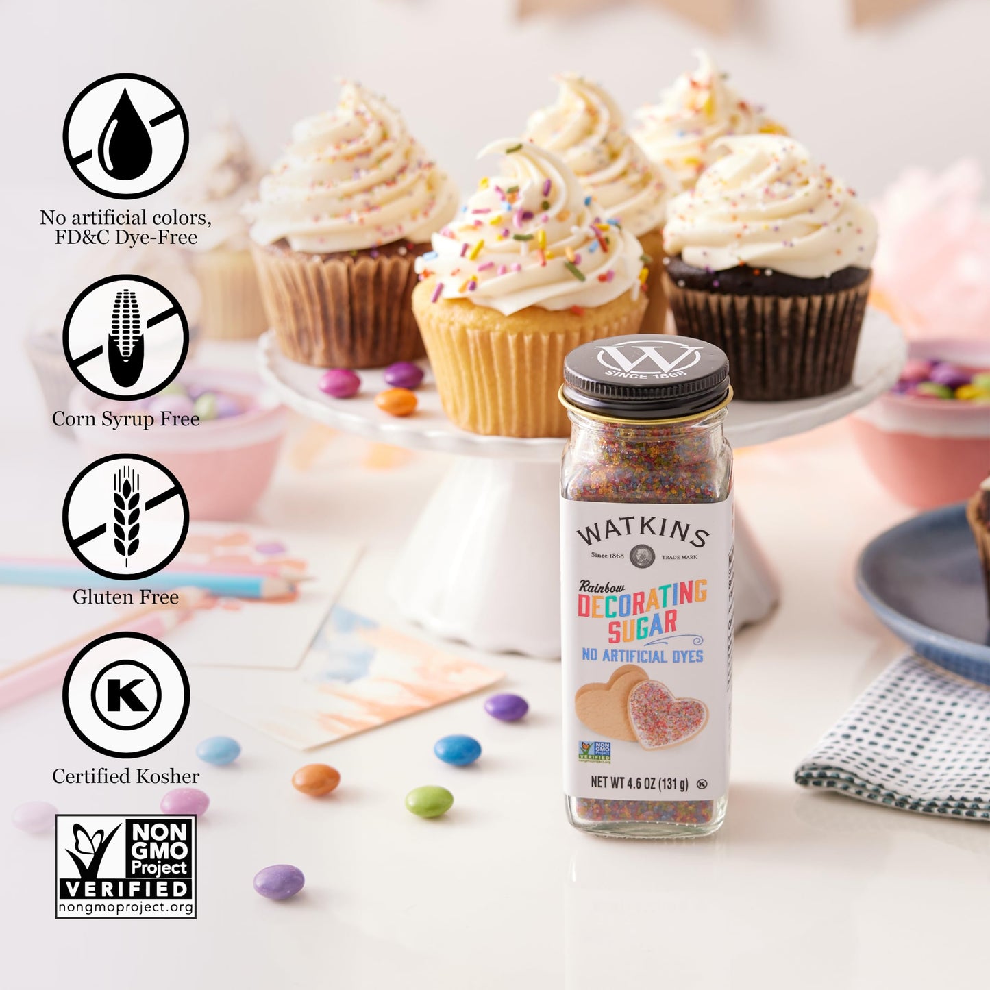 Watkins Rainbow Decorating Sugar (No Artificial Dyes), Non-GMO, Kosher, 4.6 Ounce, 1-Pack