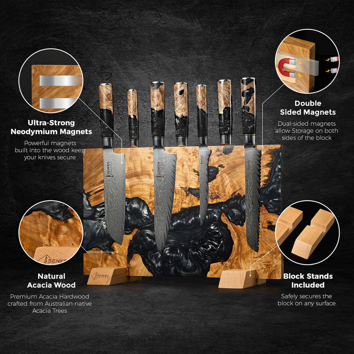 SENKEN "Black Tsunami" Extra Large Magnetic Knife Block - Holds Up to 16 Knives - Knife Block without Knives, Universal Knife Holder, Beautiful Dark Resin & Natural Wood Blend (Black Resin)