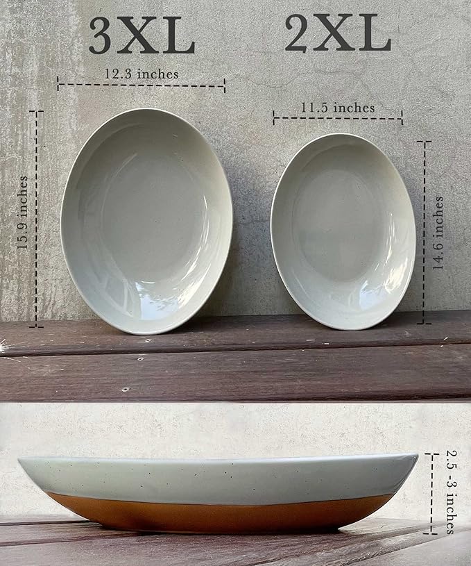 Mora Ceramic Large Serving Bowls- Set of 2 Oval Platters for Entertaining. Modern Kitchen Dishes for Dinner, Fruit, Salad, Turkey, etc. Oven, Dishwasher Safe, 110/80 oz, 16" / 14.6" - Earl Grey