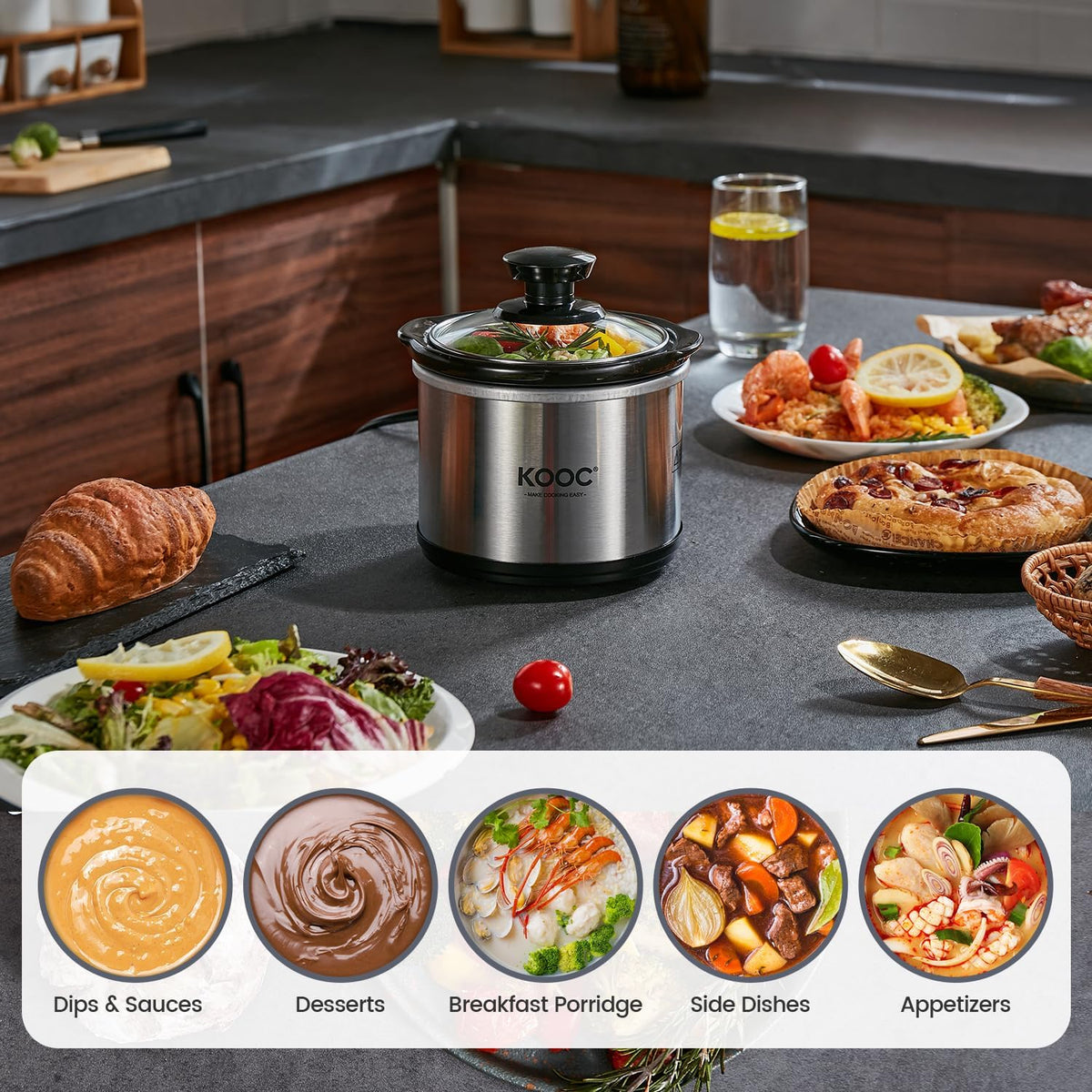 KOOC Small Slow Cooker, 0.65-Quart, Free Liners Included for Easy Clean-up, Upgraded Ceramic Pot, Nutrient Loss Reduction, Stainless Steel, Silver, Round