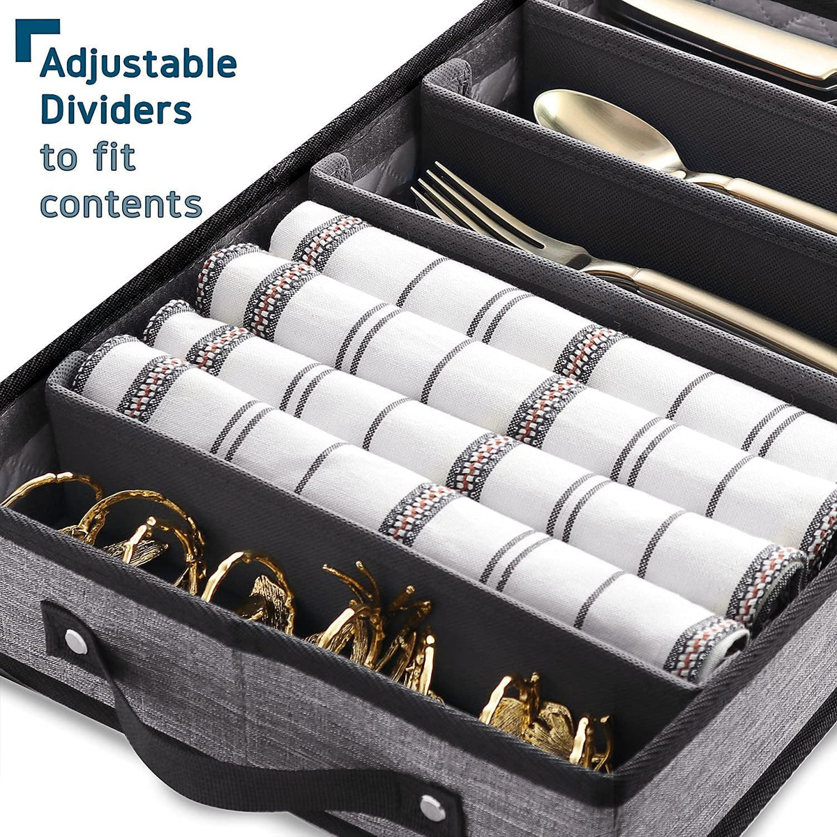 Flatware & Utensil Storage, Durable Silverware Storage Box with Padded Dividers, 5 Compartment Flatware Storage Case, Silverware Case with Handles, Protects and Organizes Cutlery, Grey