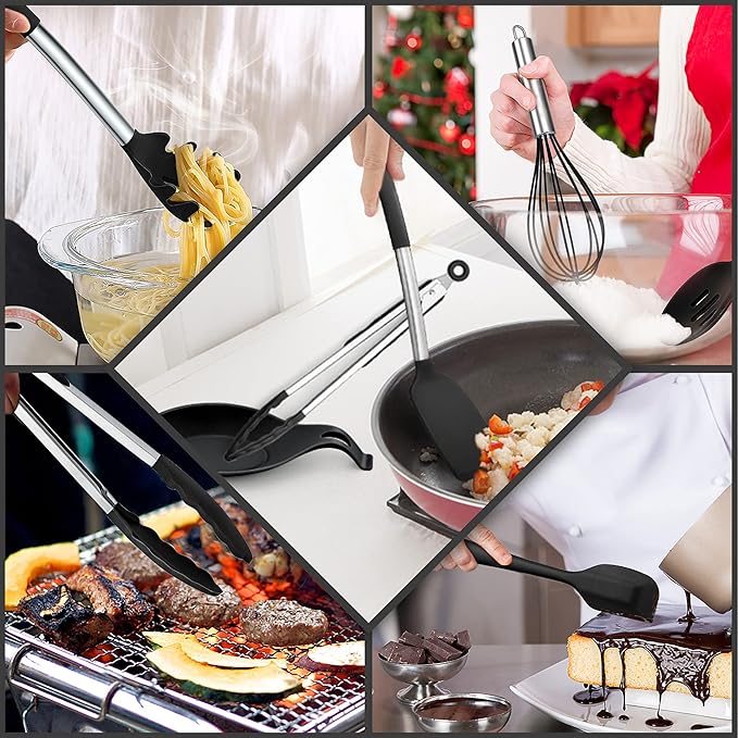Silicone Kitchen Utensils Set, E-far 30-Piece Cooking Utensils Set with Holder, Heat Resistant Kitchen Spatulas Turner Tong Spoon Whisk Ladle for Nonstick Cookware, Stainless Steel Handle (Black)