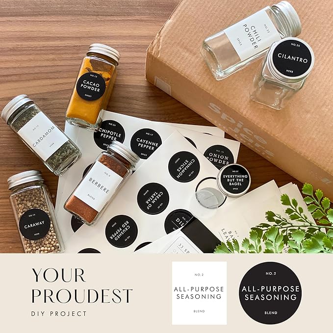 Glass Spice Jars with Labels with Metal Lids and Shakers Minimalist 36 Pack Set, 4oz Small Clear Empty Spice Bottles Seasoning Containers with Label Organizer Square Herb Seasoning Jars for Kitchen