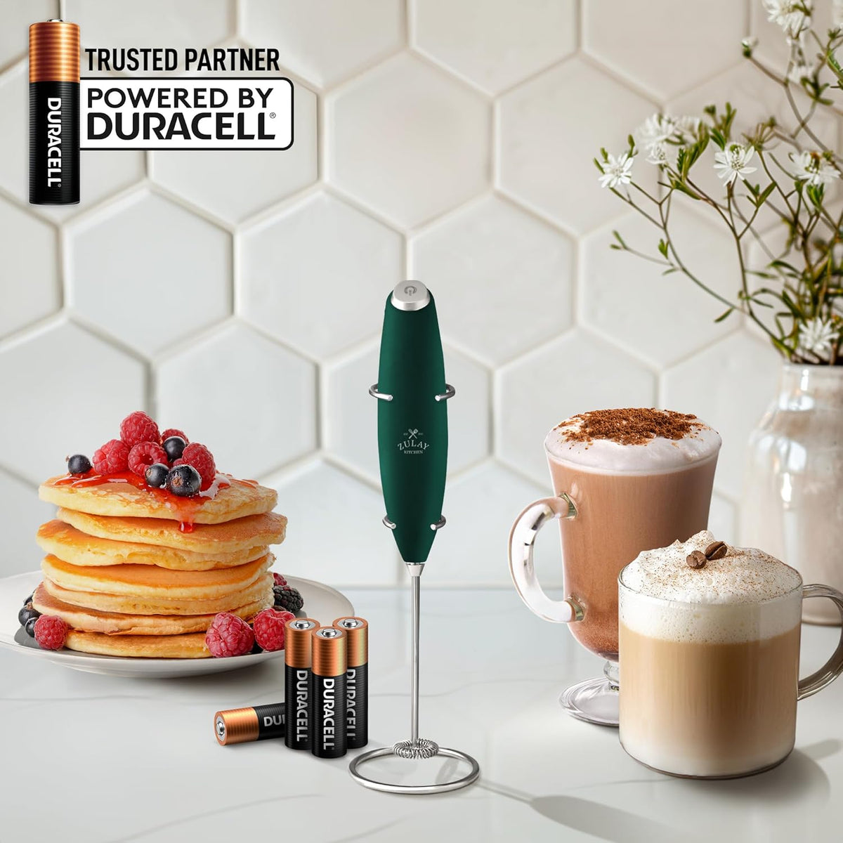 Zulay Kitchen Powerful Milk Frother Wand With 4 AA Duracell Batteries - Ultra Fast Handheld Drink Mixer - Electric Whisk Foam Maker for Coffee, Lattes, Cappuccino, Matcha & Creamer -