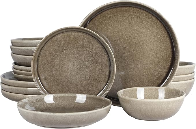 Gibson Elite Berea 16 Piece (Service for 4) Plates and Bowls Reactive Glaze Round Dishes Stoneware Ceramic Dinnerware Set -Taupe