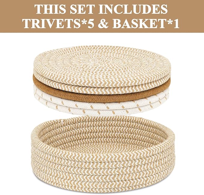 Trivets for Hot Dishes, Pots and Pans, Hot Pads with Storage Basket, Pot Holders for Kitchen, Heat Resistant Mat Protect Counter Home Essentials, Farmhouse Decor (Mix Brown 5 PCS)