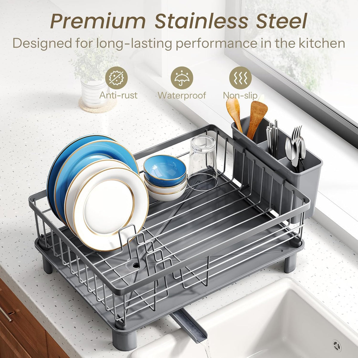 Dish Drying Rack - Small Dish Rack for Kitchen Counter, Stainless Steel Dish Drainer with Utensil Holder and Drainboard (Grey)