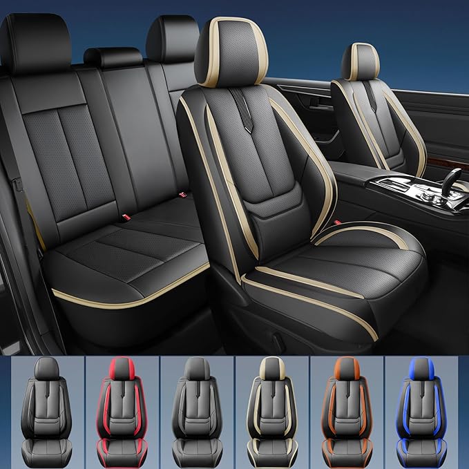 Fit Equus Car Seat Covers for Hyundai Equus 2011-2014 2015 -Upgraded Premium Waterproof & Breathable Leather,Airbag Compatible,All-Weather Seat Cushion Protector,2 Front/Black-Beige