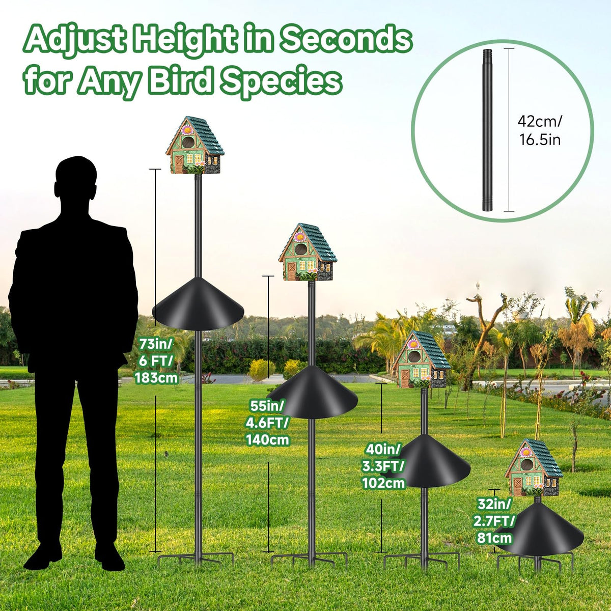 Smart Bird Feeder Pole with Squirrel Baffle & Bath-Heavy Duty Adjustable 3-6.6ft Universal Stand Mount for Backyard&Outdoor Bird Houses/Cameras (80" Pole-Baffle)