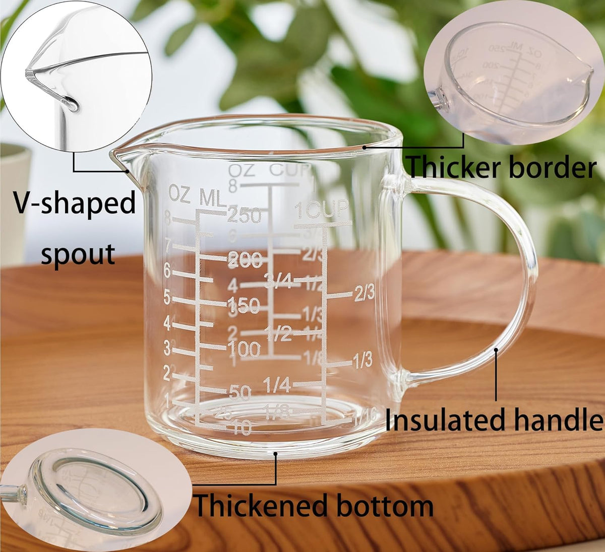 Ackers Mirror Scale Glass Measuring Cup-[Insulated handle | V-Shaped Spout]-Made of High Borosilicate Glass Measuring Cup for Kitchen or Restaurant, Easy to Read, 250 ML (8 Oz, 1 Cup)
