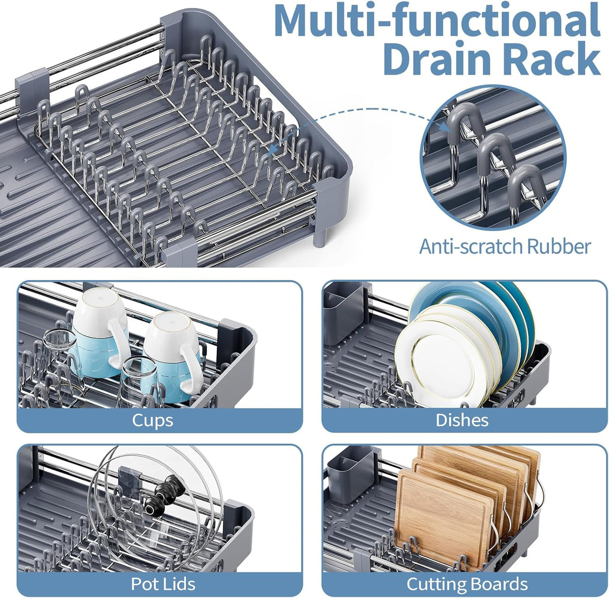 Stainless Steel Dish Drying Rack - Dish Drainer for Kitchen Counter, Extendable Drainboard with Foldable, Space-Saving Cup & Bowl Organizer, Includes Knife and Utensil Holder, Gray