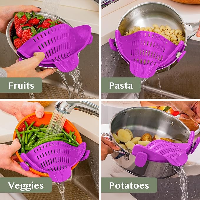 Kitchen Gizmo Snap N Strain Pot and Pasta Strainer - Strainers and Colanders - Adjustable Silicone Clip On Strainer for Pots, Pans, and Bowls - Kitchen Colander - Purple