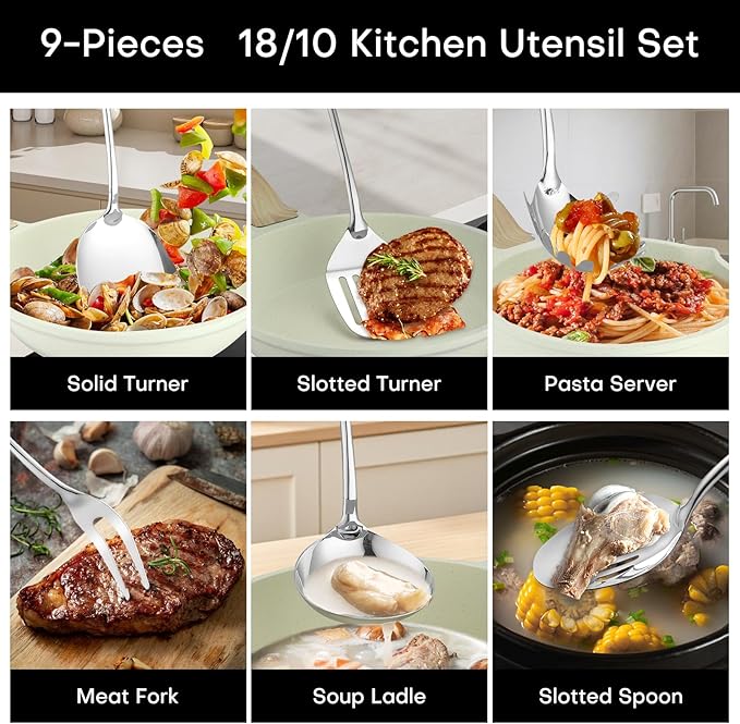 Lazycorner 304 Stainless Steel Kitchen Utensils Set 9-Piece Polished Mirror Finish Cooking Spoons, Slotted Spoon, Turner, Spatula, Pasta Spoon– Dishwasher Safe, Rust-Resistant